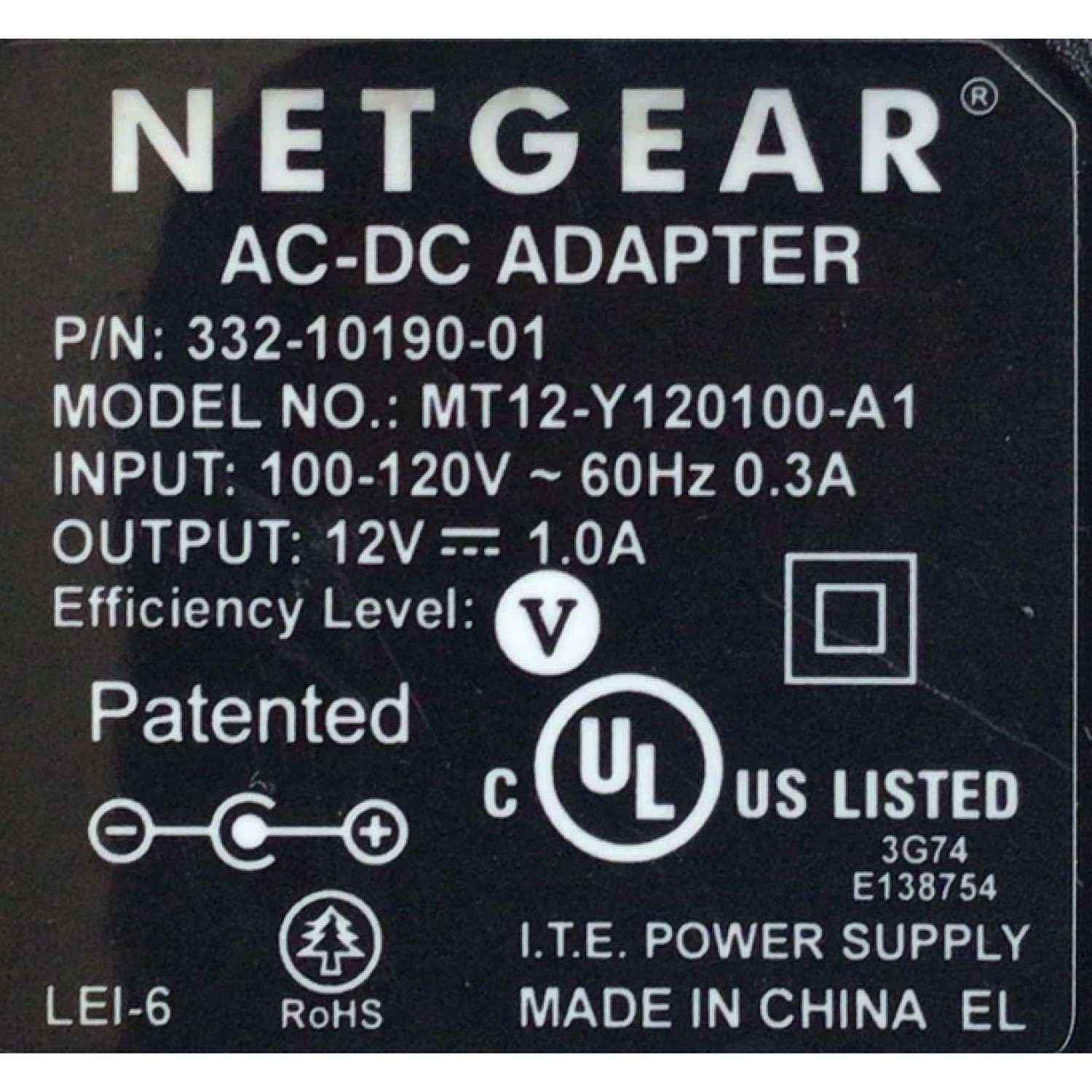 CARGADOR / ADAPTADOR DE FUENTE DE ALIMENTACION AC-DC NETGEAR / NUMERO DE PARTE 332-10190-01 / ENTRADA VCA 100-120V~ 60HZ 0.3A  / SALIDA VCD 12V 1.0A / MODELO MT12-Y120100-A1 - Imagen 2